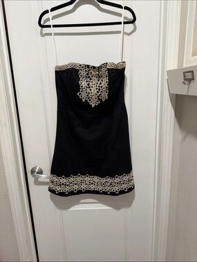 Mud Pie Black Strapless Mini Dress with Cream Lace Accents